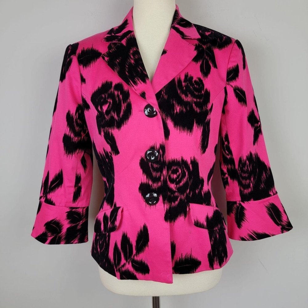 (SOLD)rina Turk Hot Pink Black Roses Blazer Size 8
